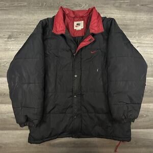 Vintage Nike Jacket Mens XL Black Red Puffer Coat Swoosh 90s Big Swoosh